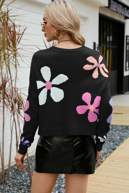 Floral Dropped Shoulder Ribbed Trim Sweater-Collab-Urbanheer