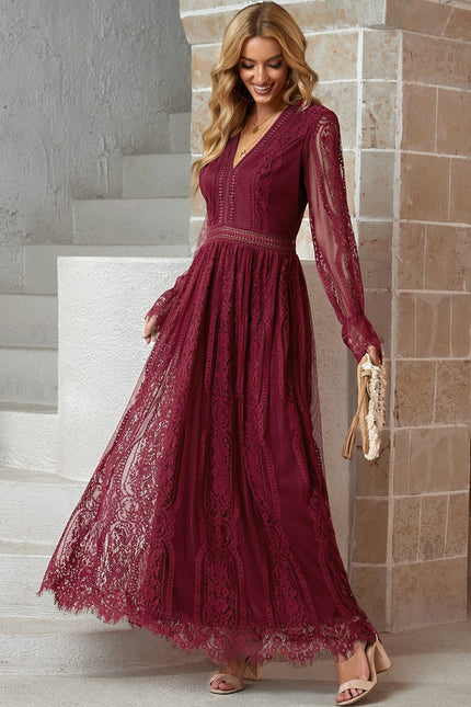 Scalloped Hem Flounce Sleeve Lace V-Neck Maxi Dress-Collab-Urbanheer