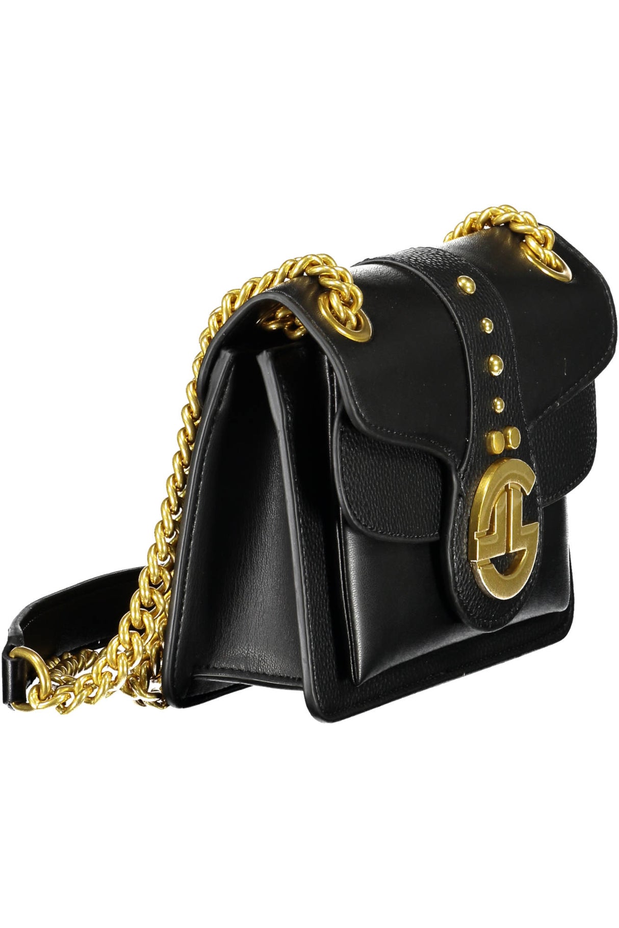 Gaelle black clutch bag with gold shoulder strap