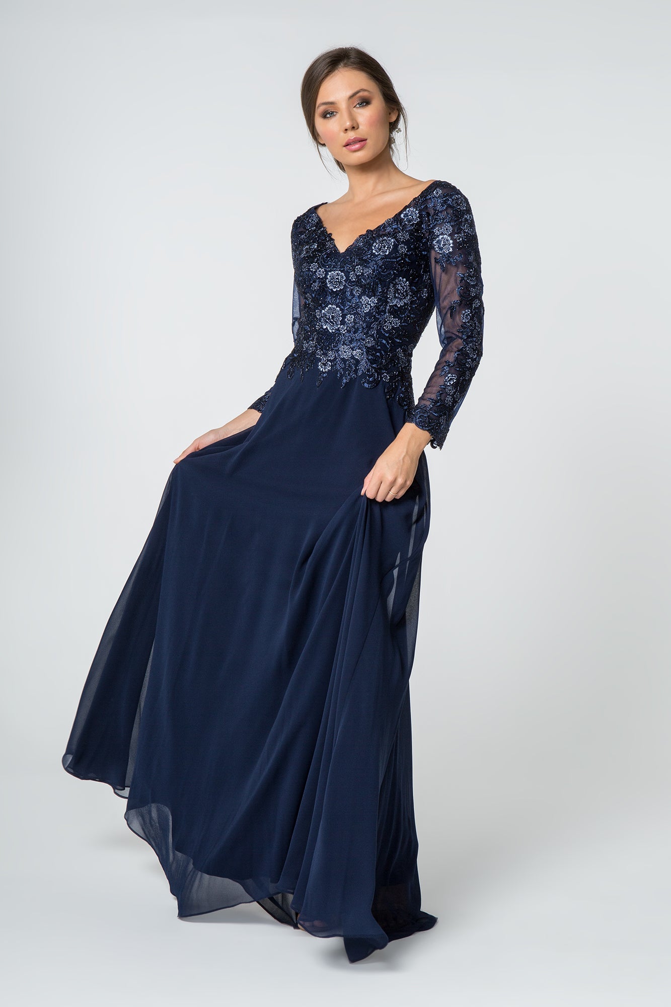 Lace Embellished V-Neck Chiffon Long Dress Mesh Sleeve
 GLGL2825-Clothing - Women-GLSC-Urbanheer