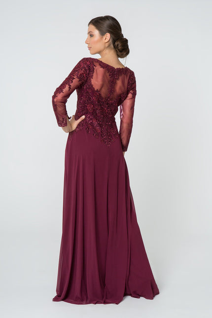 Lace Embellished V-Neck Chiffon Long Dress Mesh Sleeve
 GLGL2825-Clothing - Women-GLSC-Urbanheer